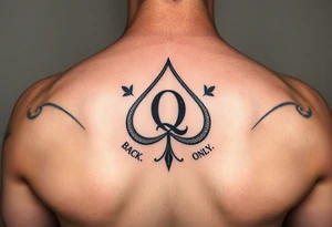 A spade womb tattoo with a Q in the center, with three points around the outside. The first reading, "BLACK". The second reading, "BABY". The third reading, "ONLY". tattoo idea