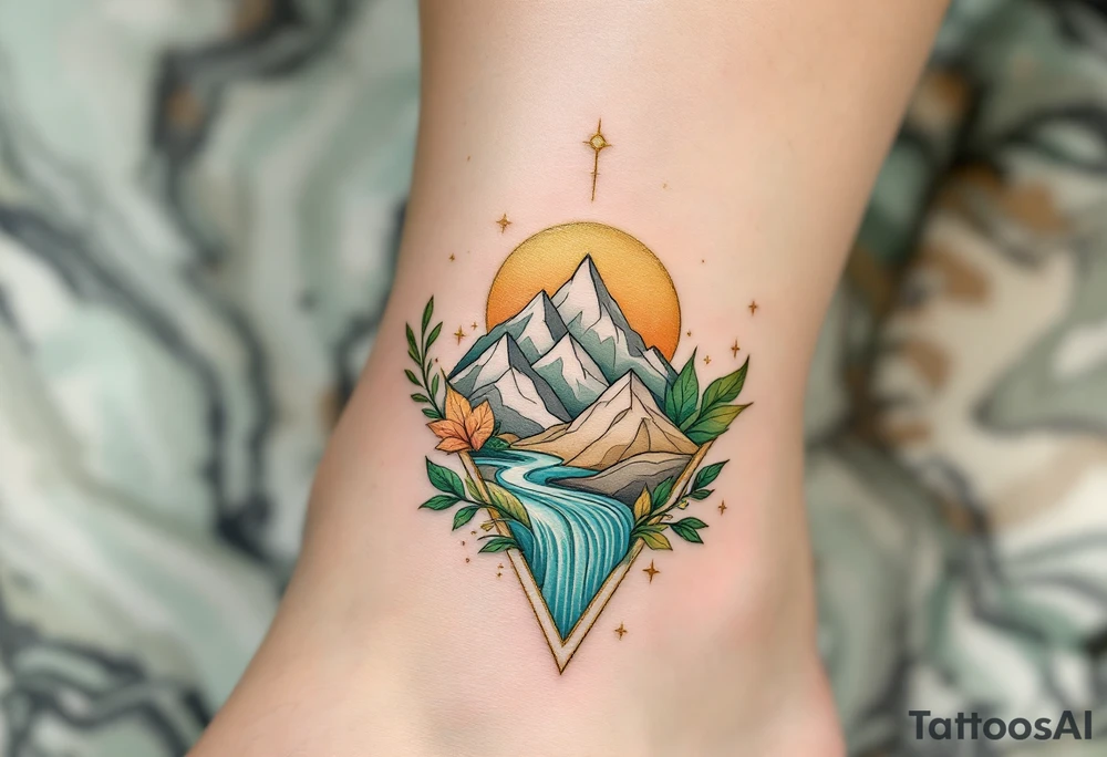 A modern geometric Virgo godess, featuring earth elements like mountains, leaves, and flowing water. The tattoo is crafted in olive green, warm beige, and gold accents, emphasizing Virgo’s deep-rooted connection to nature and wisdom. tattoo idea