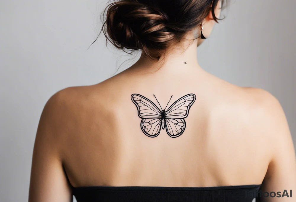 A minimalist butterfly tattoo that incorporates the name Emilia in cursive line art tattoo idea