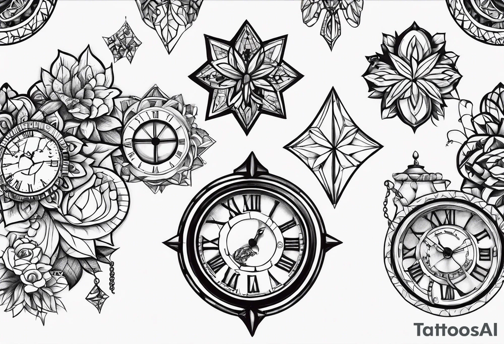 Multiple Children’s name, multiple time piece, date of birth, tattoo design tattoo idea