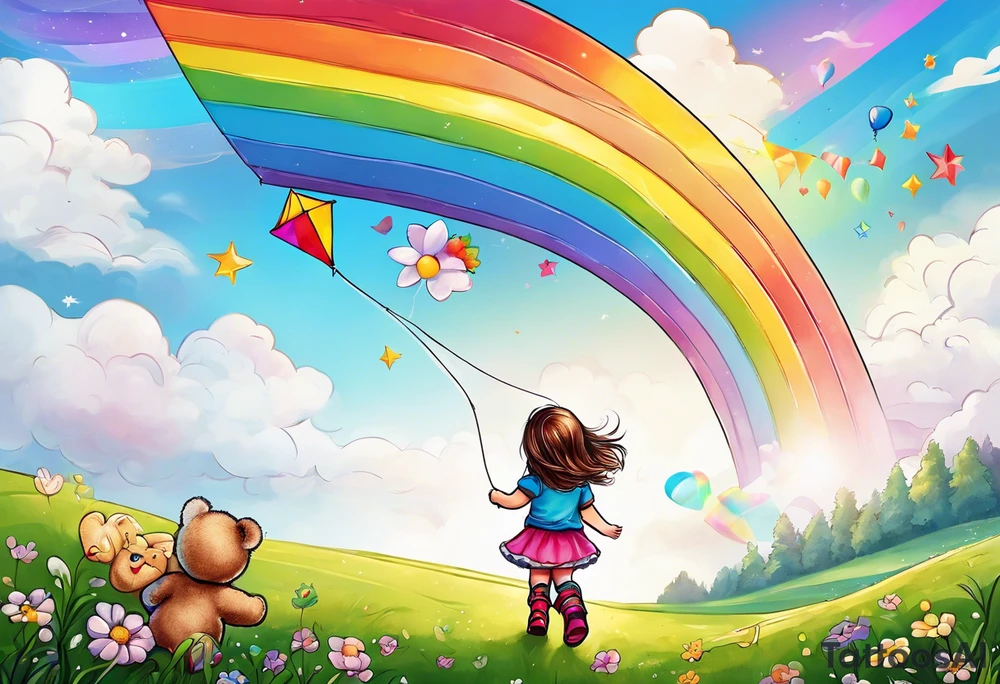 the image of a little girl facing away, flying a kite, with a teddy bear wearing rainbow boots tattoo idea
