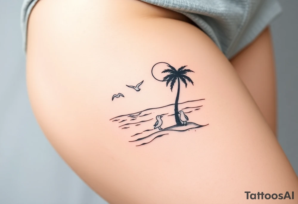 happy, peaceful, serene, timeless, ocean, sand, palm tree, seagulls, sun tattoo idea