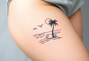 happy, peaceful, serene, timeless, ocean, sand, palm tree, seagulls, sun tattoo idea