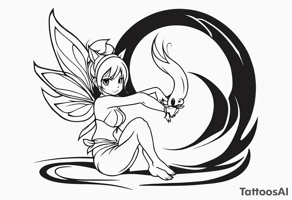 No color fairy with a tail inspired by the logo of the anime show called Fairy Tail in a fetal position leaning in and forward tattoo idea
