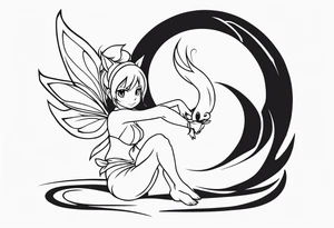 No color fairy with a tail inspired by the logo of the anime show called Fairy Tail in a fetal position leaning in and forward tattoo idea
