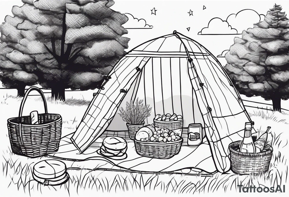 picnic scene by two trees on a with a sheckers blanket, basket, pillows and party pennants. Thin lines. tattoo idea