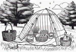 picnic scene by two trees on a with a sheckers blanket, basket, pillows and party pennants. Thin lines. tattoo idea