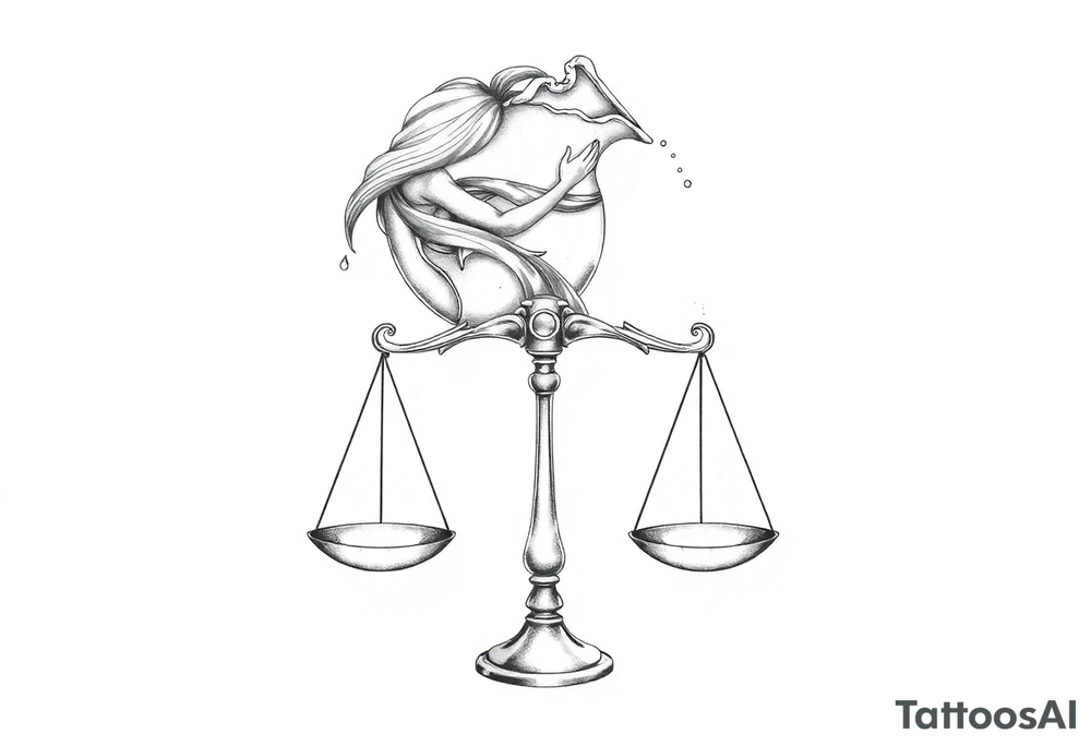 I want a tattoo that combines the Aquarius water bearer and the Libra scales. The water should flow elegantly from the jug, merging onto and balancing the scales below. The water show be pouring out and down on to the scales tattoo idea