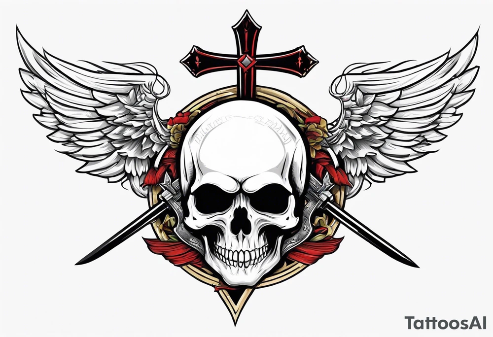 In the center is a half skull pierced by a large sword. On either side of the skull, there are spread angel wings, Beneath the skull is a ribbon cross elements on that, ribbon weaves through both the skull and the sword tattoo idea