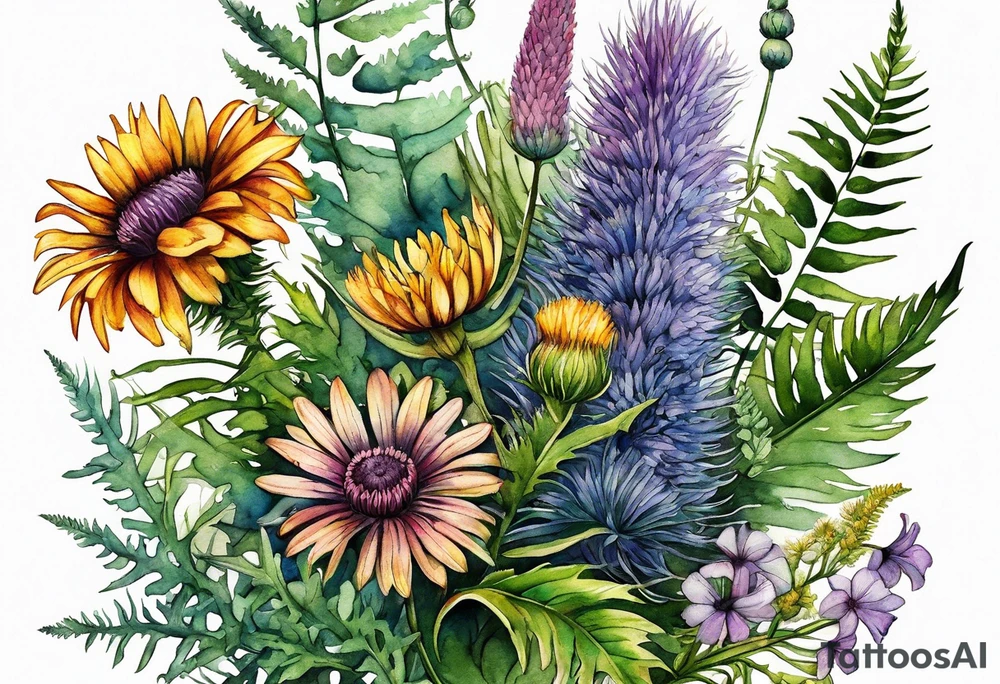 small vertical mixed wildflower bouquet with ferns, thistle and with watercolor tattoo idea