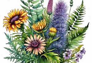 small vertical mixed wildflower bouquet with ferns, thistle and with watercolor tattoo idea