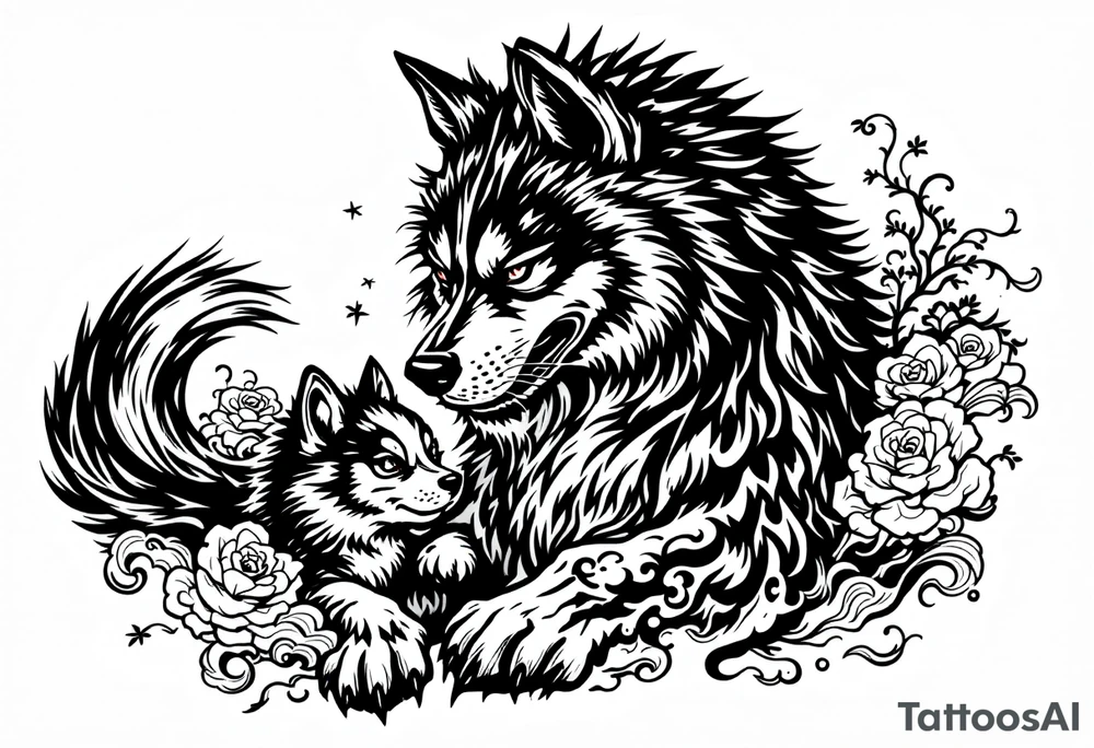 Japanese Fô dog with baby Fô dog under her paw with wind elements around tattoo idea