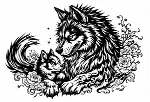 Japanese Fô dog with baby Fô dog under her paw with wind elements around tattoo idea