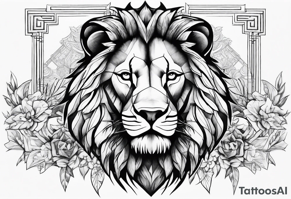 Chest piece with a lion standing over a crowd of angles tattoo idea