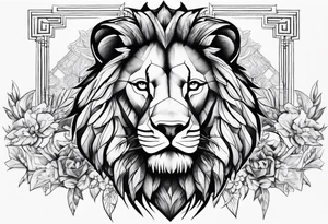 Chest piece with a lion standing over a crowd of angles tattoo idea