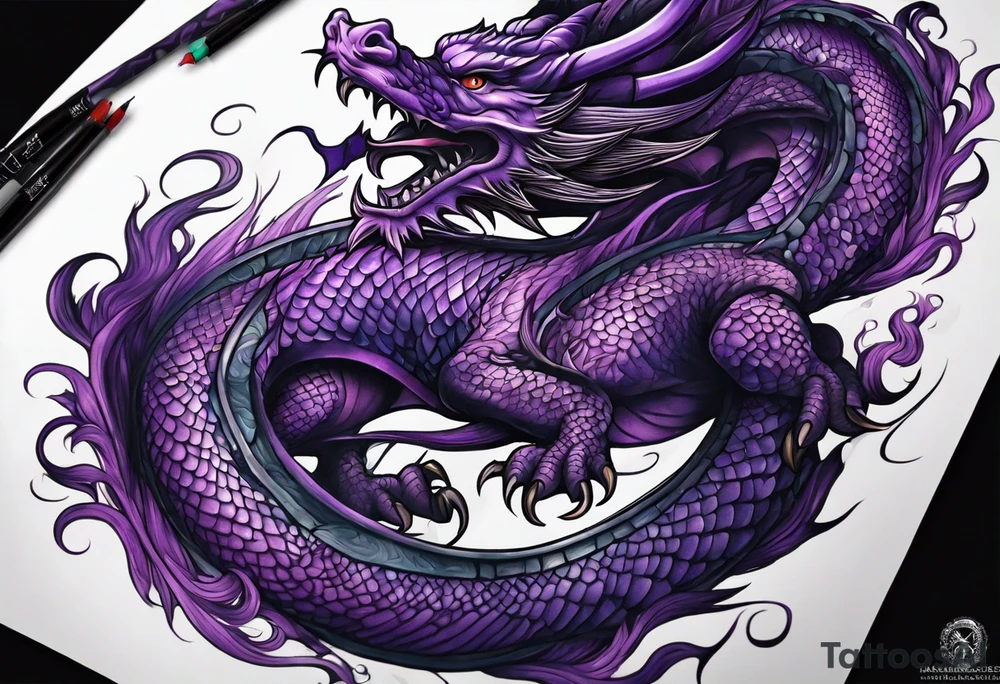 Purple dragon arm sleeve with an eldritch design tattoo idea