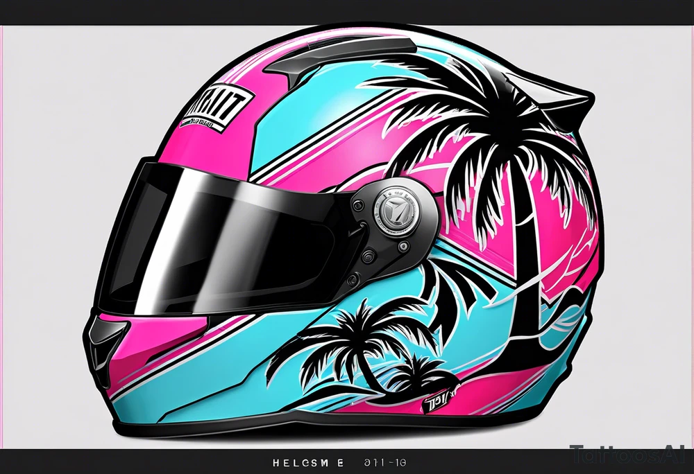 Formula 1 helment with the Miami name a palm tree and light blue black and pink colors 3/4 view tattoo idea