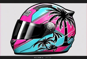 Formula 1 helment with the Miami name a palm tree and light blue black and pink colors 3/4 view tattoo idea