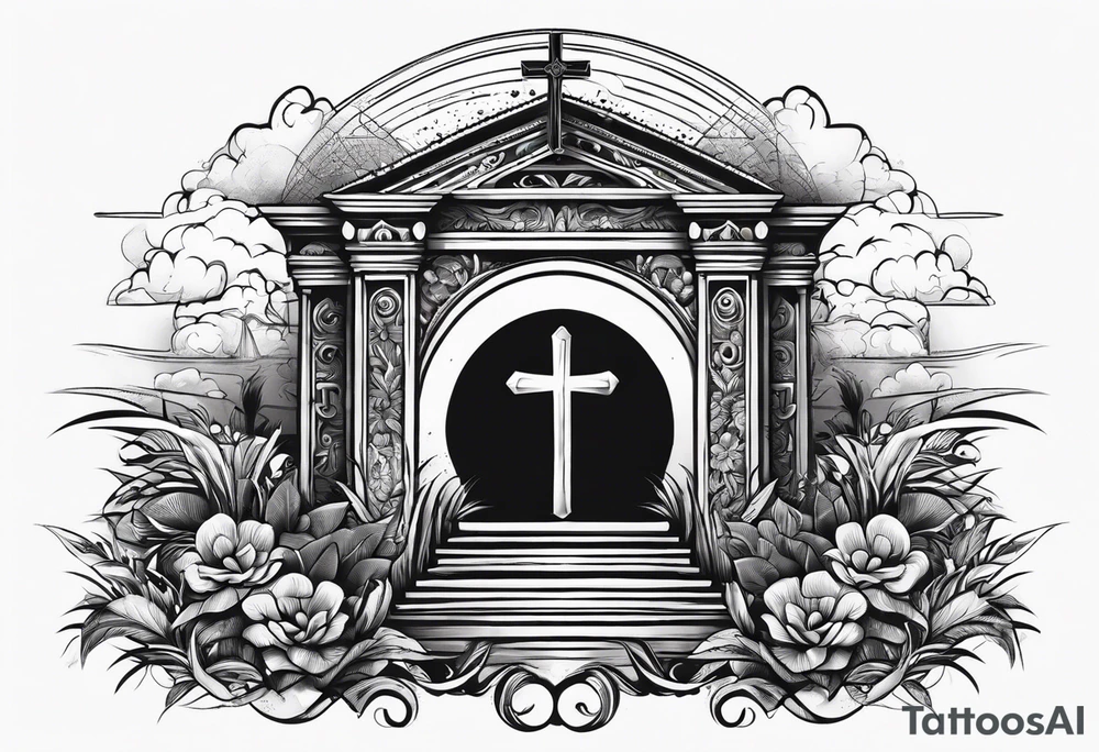 Tomb with cross and sun in the background tattoo idea