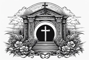 Tomb with cross and sun in the background tattoo idea