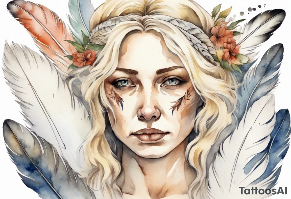 a sad middle-aged blonde woman with white feathers in her hair tattoo idea