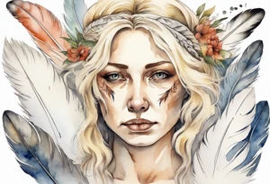 a sad middle-aged blonde woman with white feathers in her hair tattoo idea