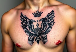Chest tattoo, two ravens and icelandic symbols, dark brest tattoo, crown betwen ravens tattoo idea