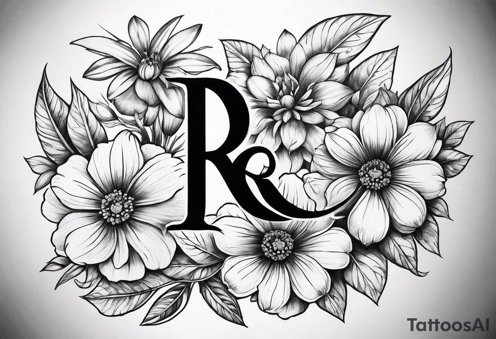 Initials R E and J designed into a flower tattoo idea
