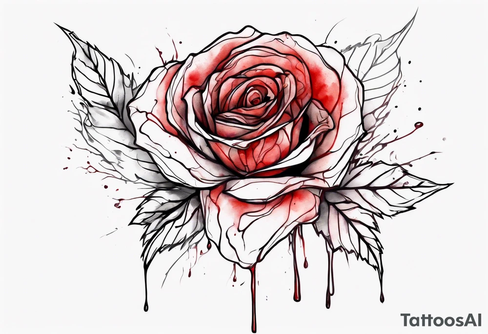 rose flower, one line, red blood dripping from the flower, tall, watercolor tattoo idea