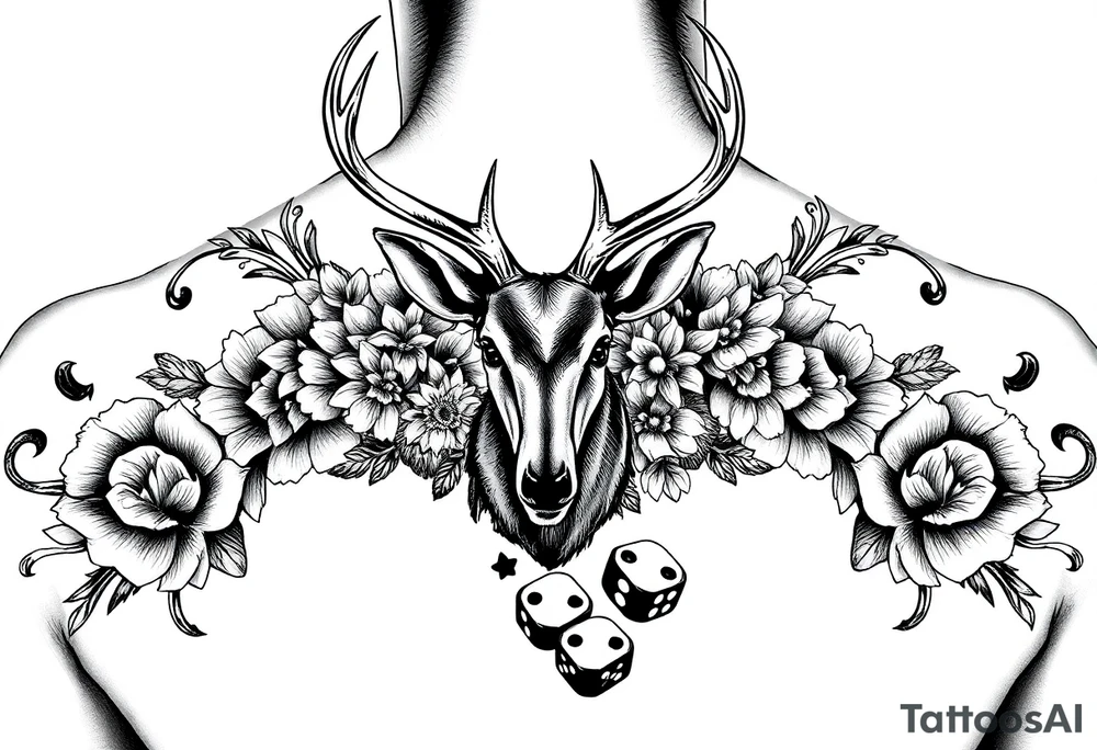 Casino theme with deer cards, dice poker, chips, and flowers and swirls in the background tattoo idea