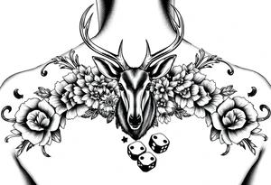 Casino theme with deer cards, dice poker, chips, and flowers and swirls in the background tattoo idea