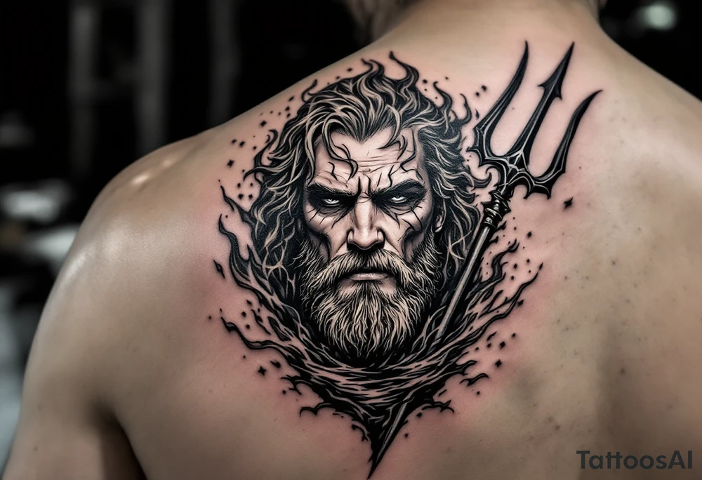 man with a trident, surrounded by fire and water tattoo idea