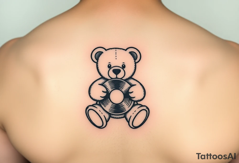 minimalist teddy bear holding a vinyl record tattoo idea