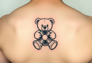 minimalist teddy bear holding a vinyl record tattoo idea
