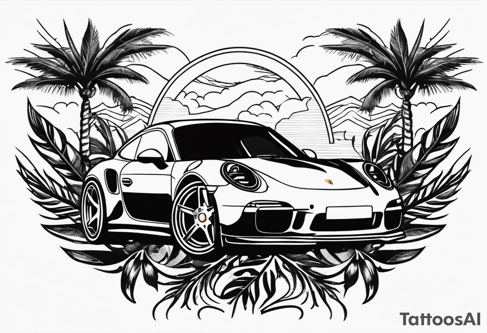 laurel wreath with porsche car inside and palm tree tattoo idea