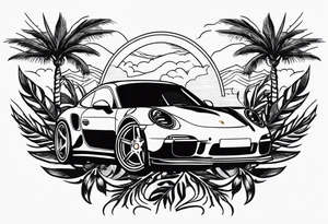 laurel wreath with porsche car inside and palm tree tattoo idea