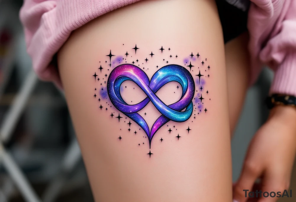 A dreamy galaxy-themed infinity with stars and nebula textures, wrapping gently around a violet heart. tattoo idea