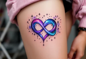 A dreamy galaxy-themed infinity with stars and nebula textures, wrapping gently around a violet heart. tattoo idea