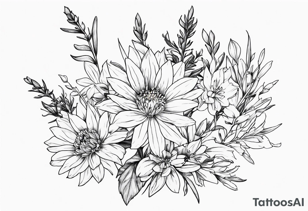 Aster and larkspur bouquet tattoo idea