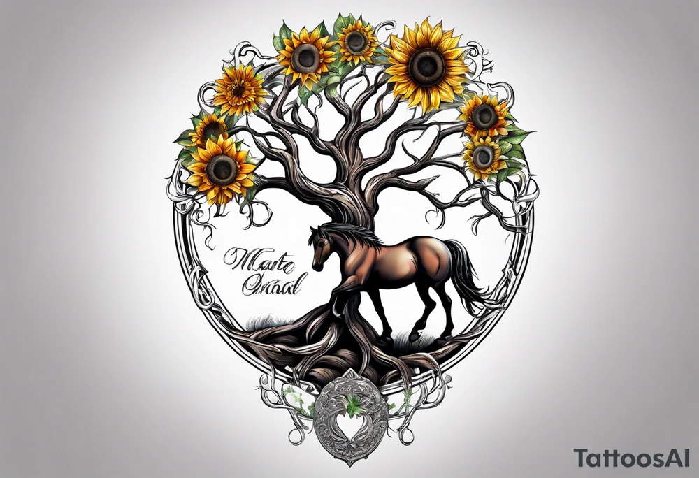 Yggdrasil tree, horse, sunflower tattoo idea