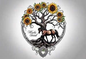 Yggdrasil tree, horse, sunflower tattoo idea