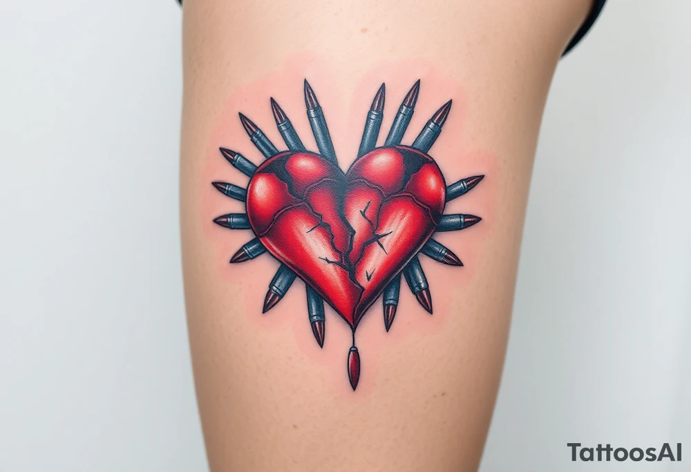 Red Broken hearts surrounded by blue bullets tattoo idea