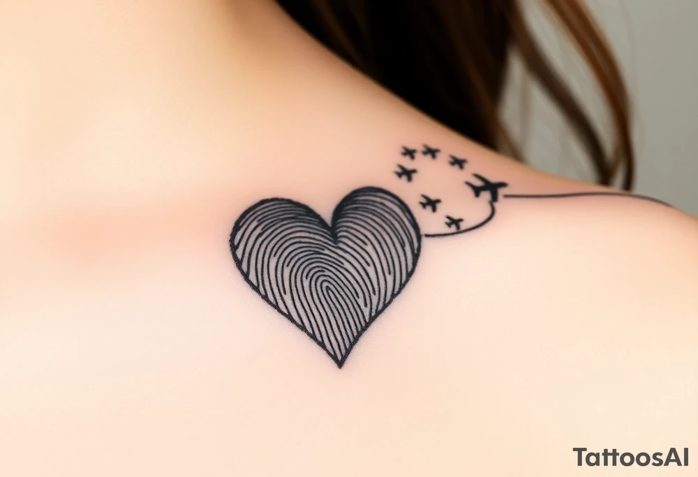 Two fingerprints merged into a heart shape, with the top right edge breaking away into a few small planes flying into the sky.

Signature Beneath the heart in the loved one’s handwriting flowing up into the heart

Take the first image and refine it. The line at the end of the signature should flow upward, creating the right side of the heart and flows into a planes design tattoo idea