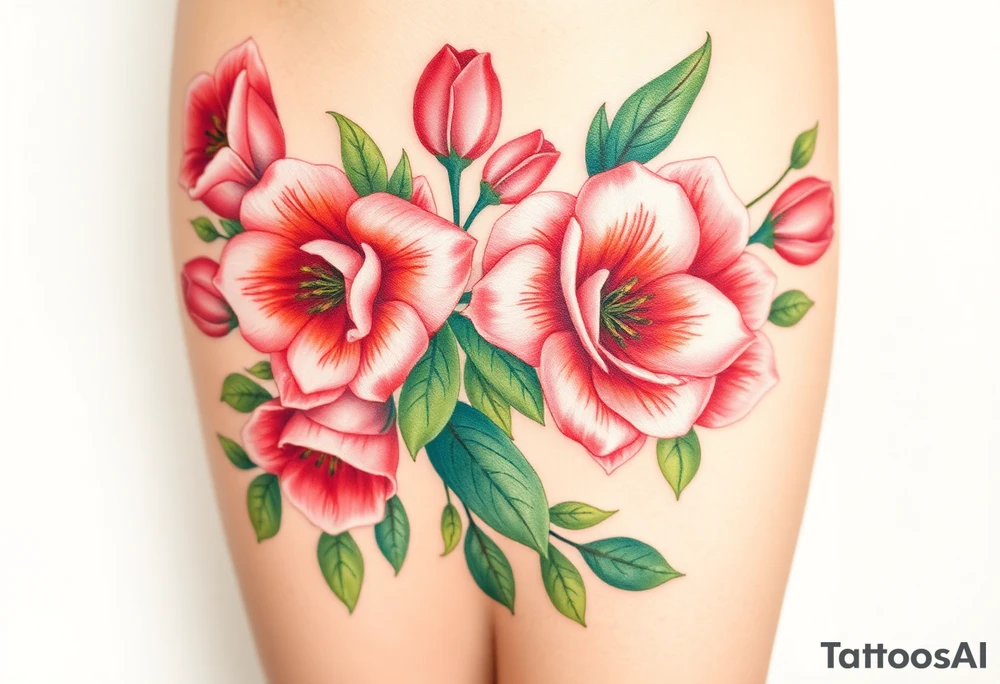 Realistic roses tulips and lilies 
and leaves with embellishments tattoo idea