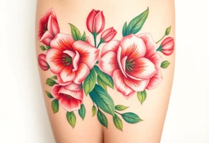 Realistic roses tulips and lilies 
and leaves with embellishments tattoo idea