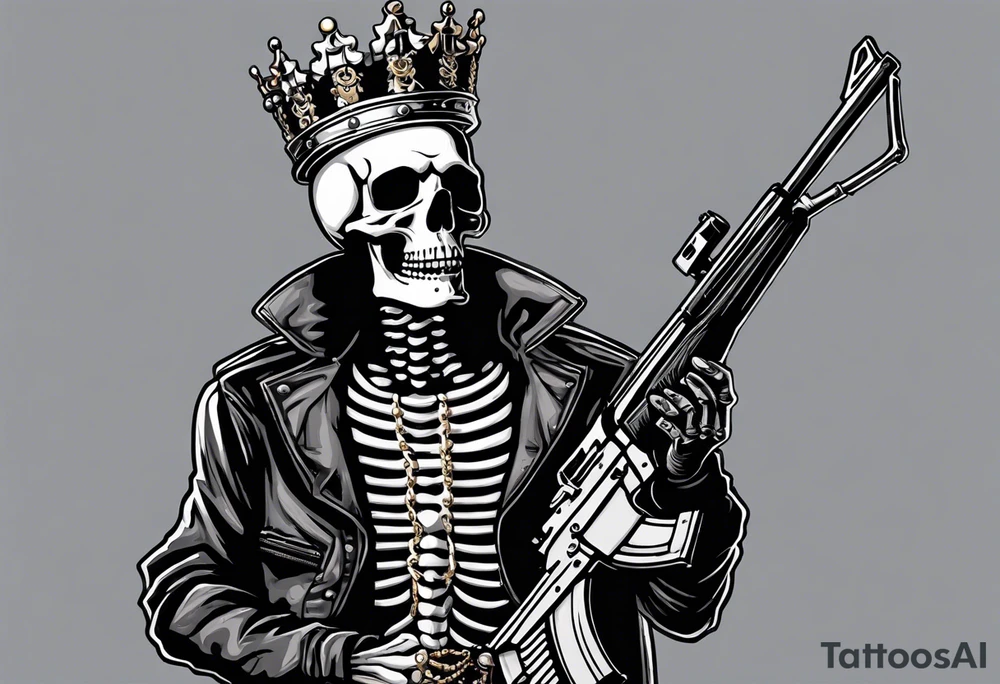 image of a skeleton standing frontally with a crown on his head, holding an AK-47 on his shoulder with his right hand. The chain on the left should be taut, there are three angry barking Dobermans in it, near the waist tattoo idea