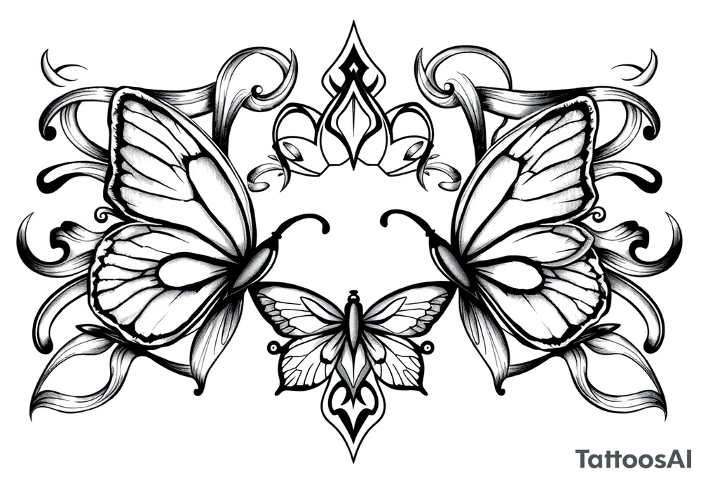 ethereal butterflies with flowing silk ribbons in geometric mandala tattoo idea