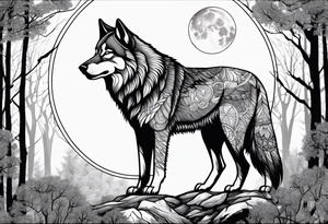 Lobo majestuoso aullandole a la luna en un bosque tattoo idea