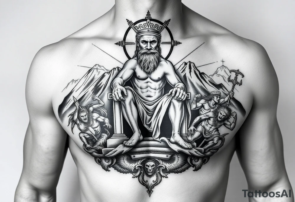 Realism Full chest peice including the Greek gods with zues on his throne looking down from the mountain casting judgement on the people add lighting and Mount Olympus and a temple and a battle scene make zues muscular add hades Medusa and minatour tattoo idea