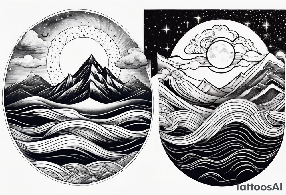 Waves becoming Mountains. Starry sky becoming cloudy Sky. Sun becoming moon tattoo idea